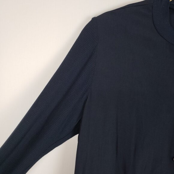 Lola & Sophie Hybrid Top S Navy Ribbed Snap Front Modern Blouse Sheer Hem - Picture 5 of 8